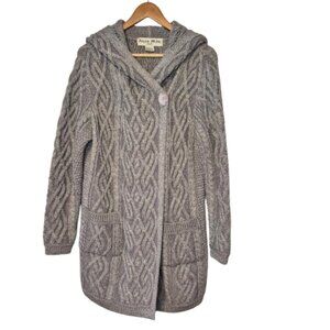 Aran Mor Cable Knit 100% Merino Wool Grey One Button Longline Cardigan